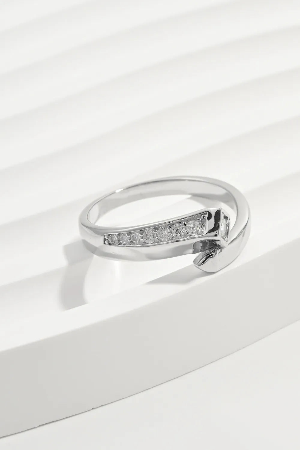 Silver asymmetrical bar ring with zirconia accents