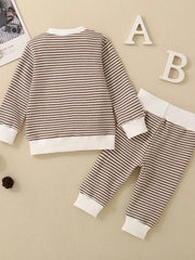 Baby knit set with brown and white stripes, long sleeves, and ribbed cuffs and hem.