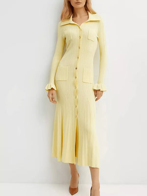 Yellow knit midi dress with polo collar, button front, and ruffled cuffs.