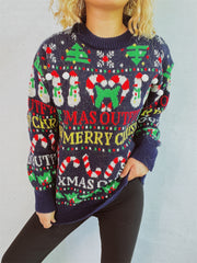 Dark blue acrylic knit sweater with Christmas graphic pattern, snowmen, candy canes, and text.