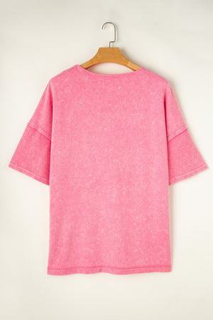 Pink acid wash t-shirt with layered short sleeves and crew neck