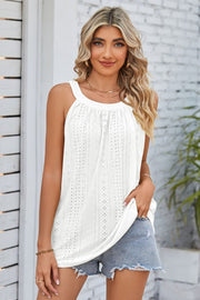 White eyelet halter neckline tank top with a relaxed fit
