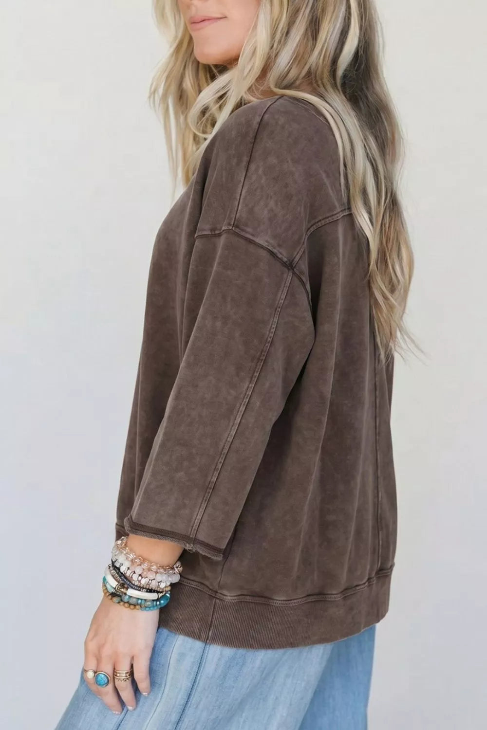 3/4 Sleeve Mineral Wash Cotton Top, model styling view