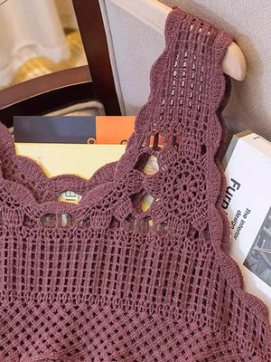 Crochet floral overlay tank top in deep purple with scalloped neckline and open knit details.