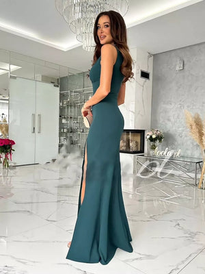 Elegant ruched maxi dress in French Blue with a high slit and sleeveless design.