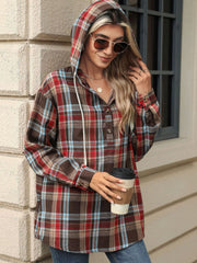 Plaid henley hooded shirt in brown with red and blue plaid, featuring a buttoned placket and drawstring hood.