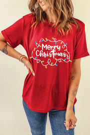 Red round neck tee with Merry Christmas lights graphic and rolled sleeves.