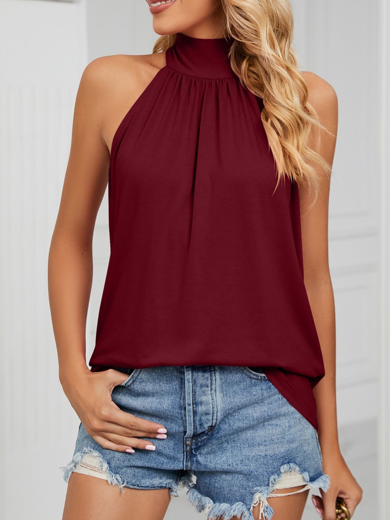 Burgundy ruched high neck cami with tie back detail.