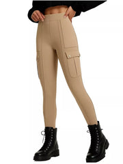 Khaki maternity active pants with cargo pockets and high waist.