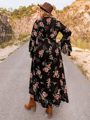 Black floral print viscose maxi dress with bell sleeves and tiered hem