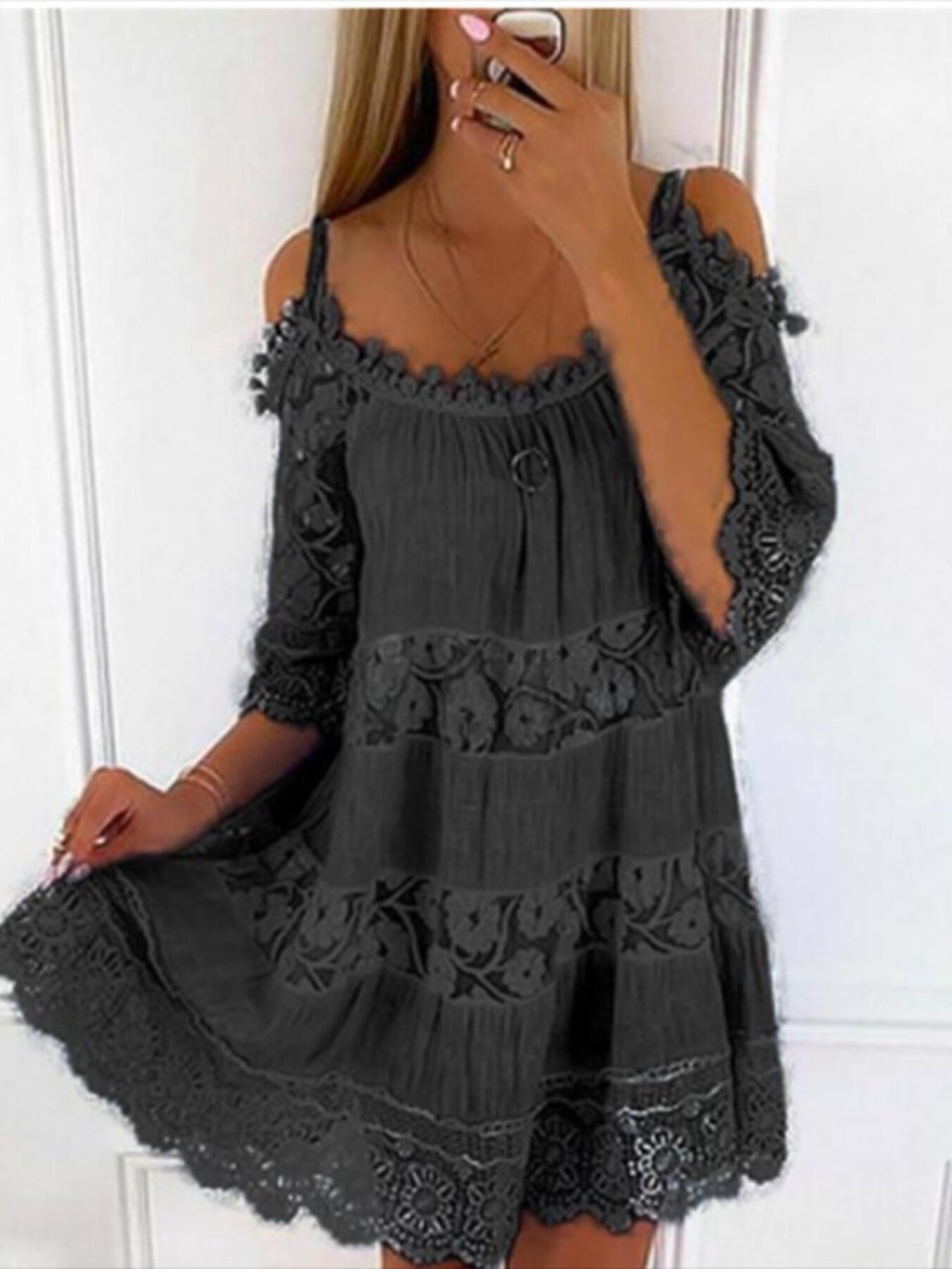Bohemian Lace Cold Shoulder Mini Dress Plus Size in Light Blue, fabric detail