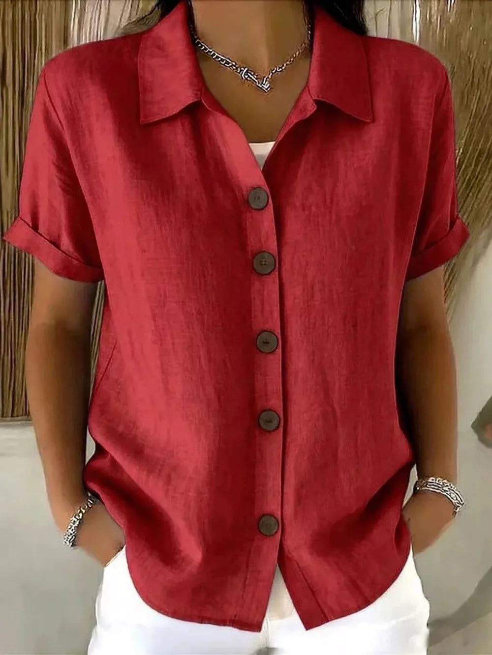 Full Size Button Up Short Sleeve Shirt in Army Green, fabric detail