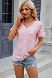 Perforated pocket tee in blush pink with rolled sleeves and V-neck.