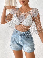 Luxe beaded crochet cardigan in gold, white, or black with cutout detail.