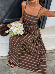 Cutout Back Striped Maxi Dress in White, close-up detail