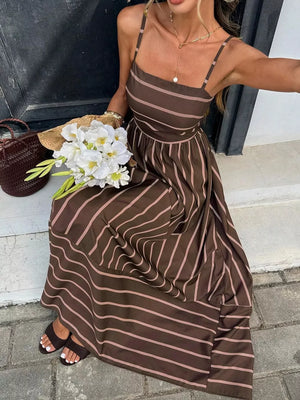 Cutout Back Striped Maxi Dress in White, close-up detail