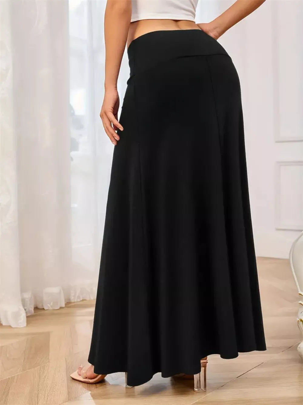 Flowy Maxi Skirt With Wide Waistband, fabric detail
