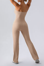Camel ribbed bandeau flare leg jumpsuit with a seamless fit and casual style.