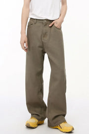 Taupe elastic waist straight-leg denim jeans with a casual, basic style.