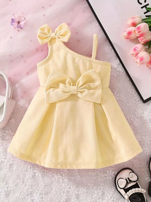 Children's Bow Asymmetrical Shoulder Dress, front view