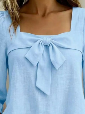 Full Size Bow Front Square Neck Blouse Plus Size, model styling view