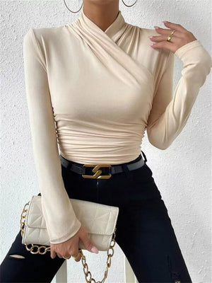 Ruched Long Sleeve Slim Fit Top in Black, close-up detail