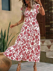 Botanical ruffle sleeve midi dress in white with red floral print, V-neck, smocked waist, tiered skirt.