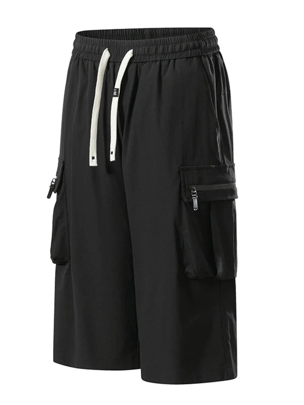 Black cargo shorts with drawstring waist and zippered pockets