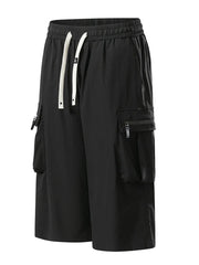 Black cargo shorts with drawstring waist and zippered pockets