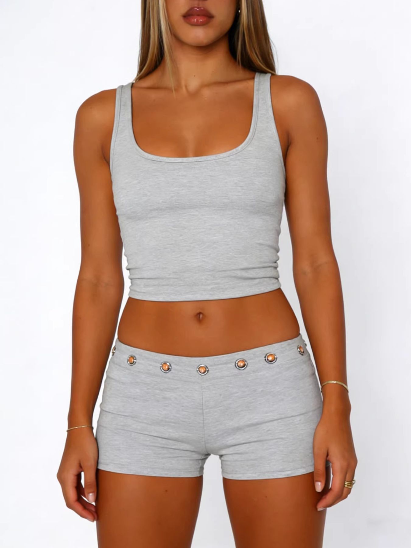 Gray ribbed tank top and shorts set with eyelet detail on shorts