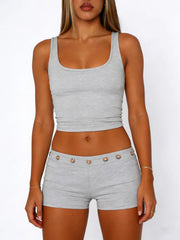 Gray ribbed tank top and shorts set with eyelet detail on shorts
