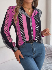 Panelled print collared blouse in pink and black with polka dots and geometric shapes.