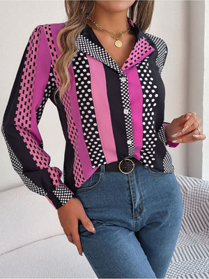 Panelled print collared blouse in pink and black with polka dots and geometric shapes.