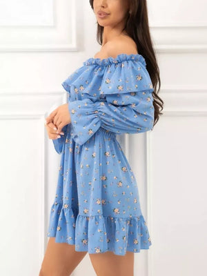 Off-shoulder Floral Ruffle Dress in Blue, editorial view