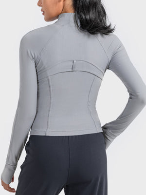 Ribbed Heather Gray performance zip-up jacket with thumbholes and mock neck.