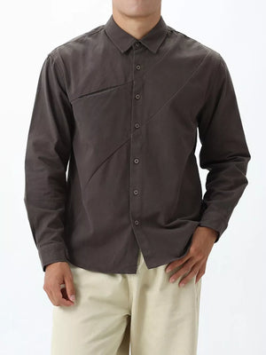 Men's dark gray buttoned long sleeve cotton shirt with asymmetric panel detail