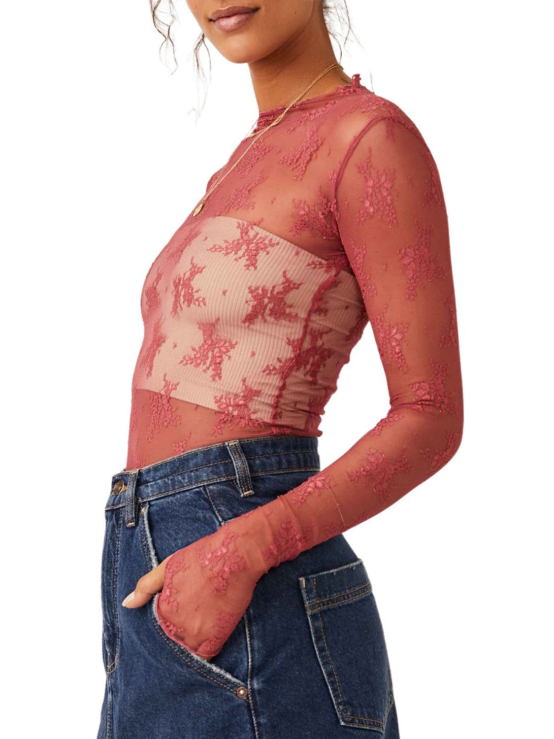 Floral lace illusion mock neck top in Deep Red with long sleeves and a sheer overlay.