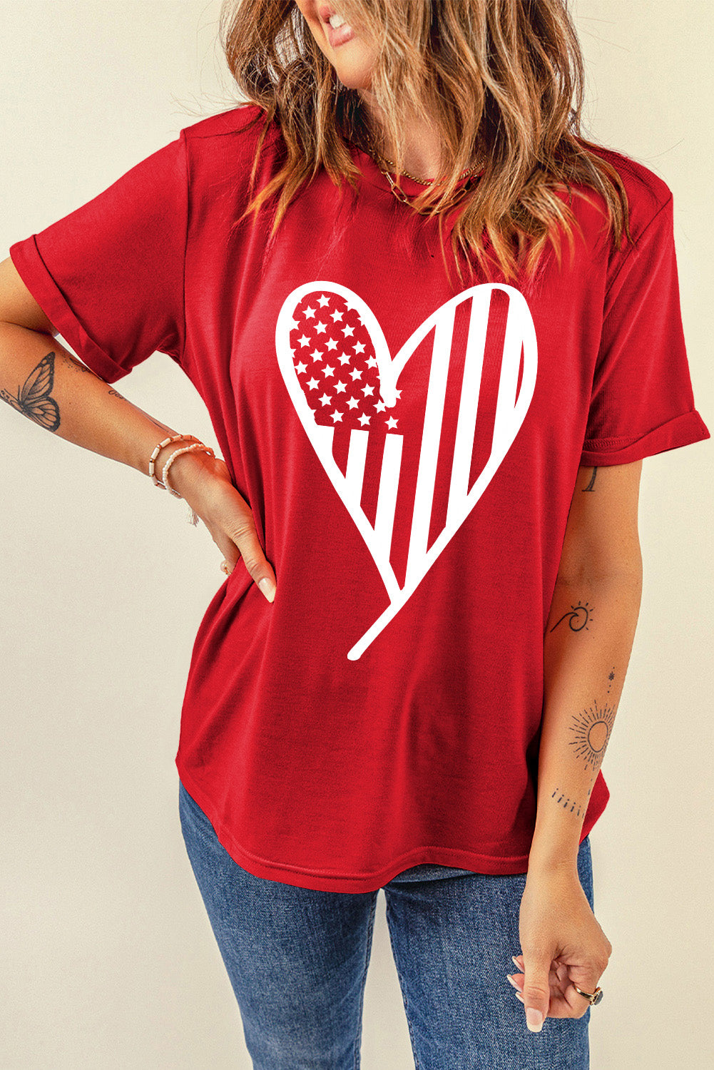 Deep Red short sleeve t-shirt with a white heart graphic featuring American flag stripes and stars.