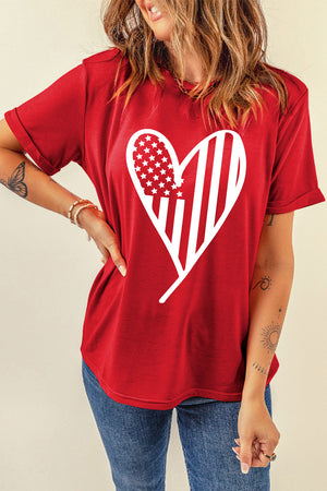 Deep Red short sleeve t-shirt with a white heart graphic featuring American flag stripes and stars.