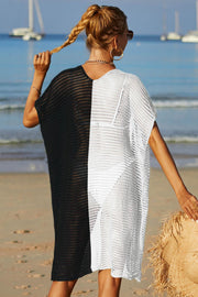 Colorblock crochet beach cover-up in black and white, with a relaxed fit and V-neck.