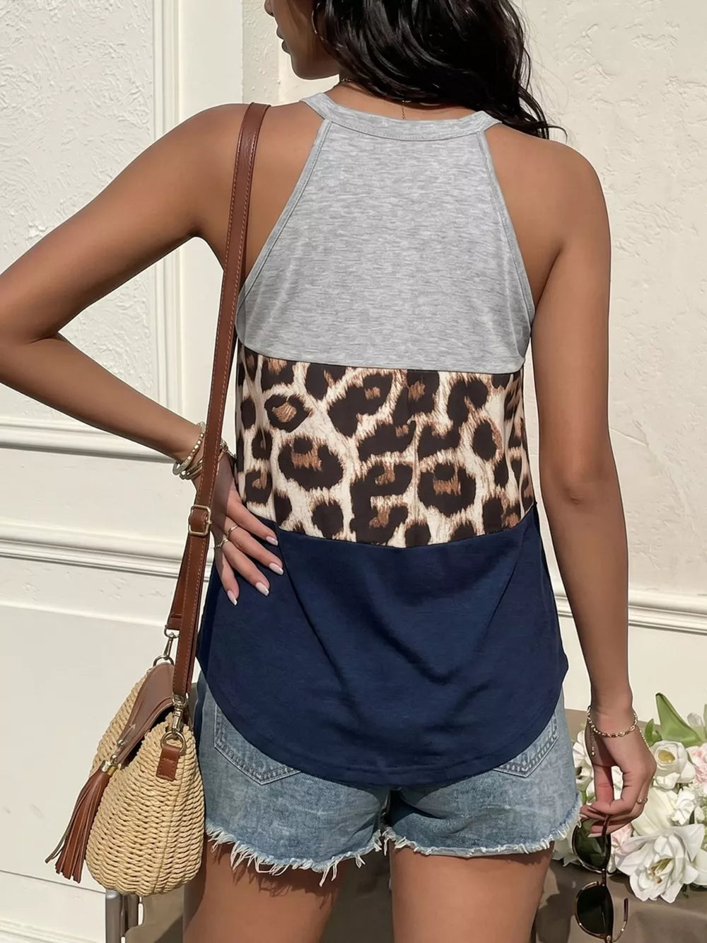 Leopard print color block halter tank top in navy and grey with a racerback.