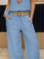 Light blue relaxed fit tank and wide-leg pants set with a woven belt