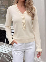 Ruffle Trim Pearl Button V-neck Knit Top in Apricot, close-up detail