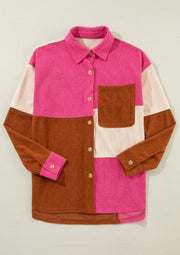 Colorblock corduroy shacket with oversized patchwork in pink, cream, and brown.