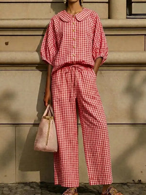 Full Size Plaid Button Up Shirt And Pants Set Plus Size, close-up detail