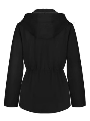 Black waterproof hooded zip-up jacket with drawstring waist