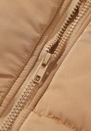 Tan padded sleeveless hooded vest with zip detail