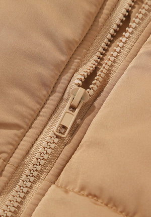 Tan padded sleeveless hooded vest with zip detail