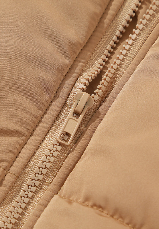 Tan padded sleeveless hooded vest with zip detail