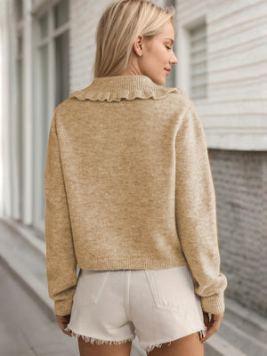 Tan knit cardigan with frilled collar and button front detail.